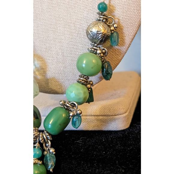 Green Multi-Shape and Color Beaded Silver Tone Tassel Necklace - Picture 4 of 11